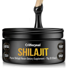 Life Cykel Shilajit Resin glass with dissolving droplets for quick daily boost.