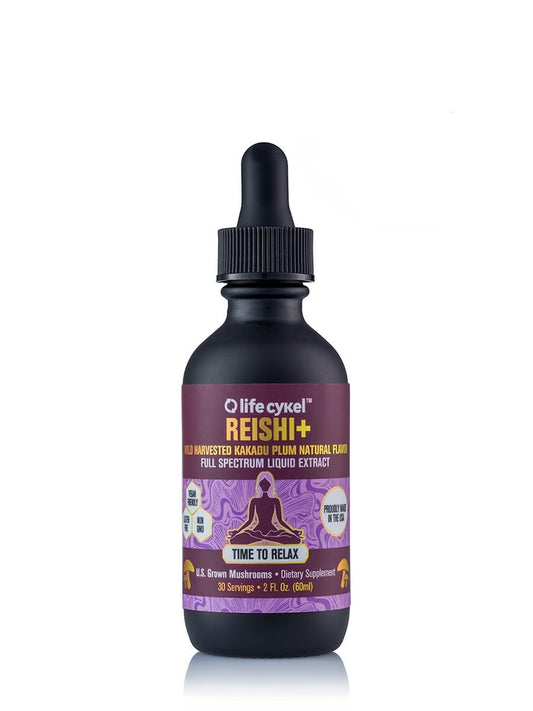 Life Cykel Reishi extract bottle showing organic potency for calm evenings