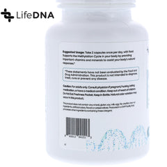 Close-up of LIFEDNA Methyl+ capsules, showcasing a 60-count bottle for daily methylation support.