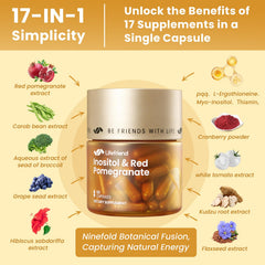 LIFEFRIEND 17-in-1 complex graphic demonstrates pomegranate and PQQ for vitality.