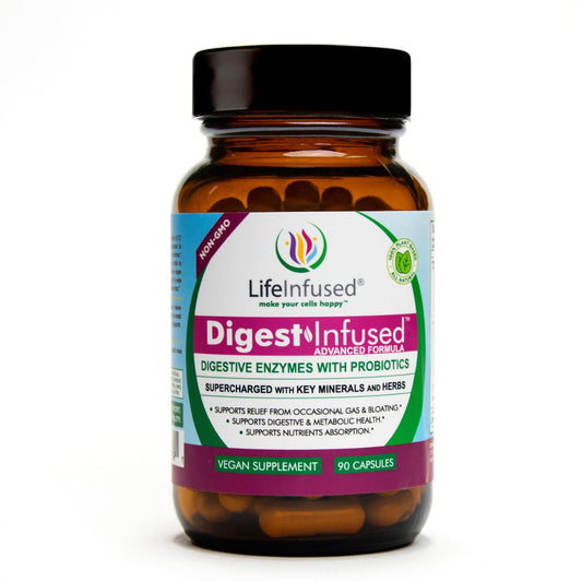 Life Infused Digestive Enzymes bottle front view supports balanced digestion.