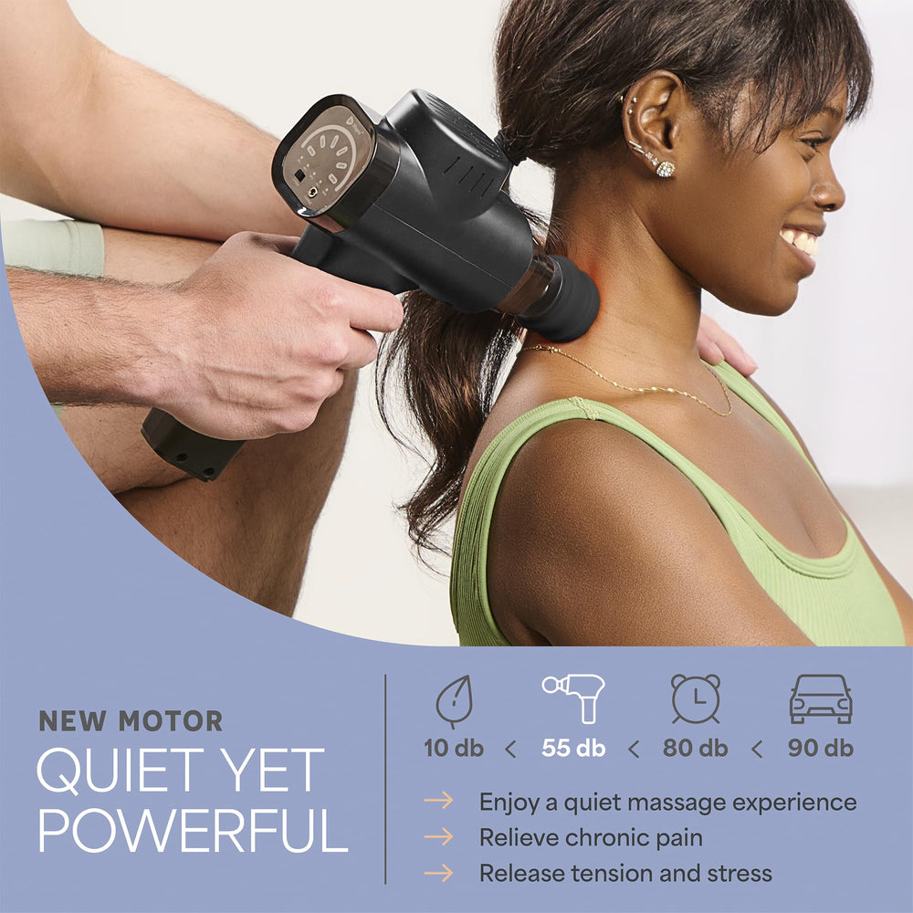 LifePro massage gun in use on back shows portability