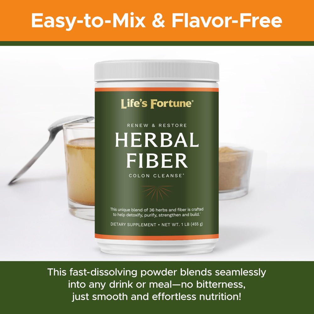 Life's Fortune Herbal Fiber Powder being poured into a glass supports easy daily fiber intake.