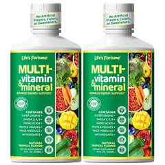 Life's Fortune liquid multivitamin bottle front with tropical flavor for daily energy support