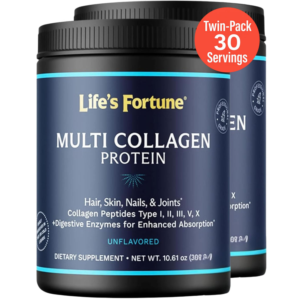 Life's Fortune multi-collagen powder bottle – supports skin elasticity and joint comfort.