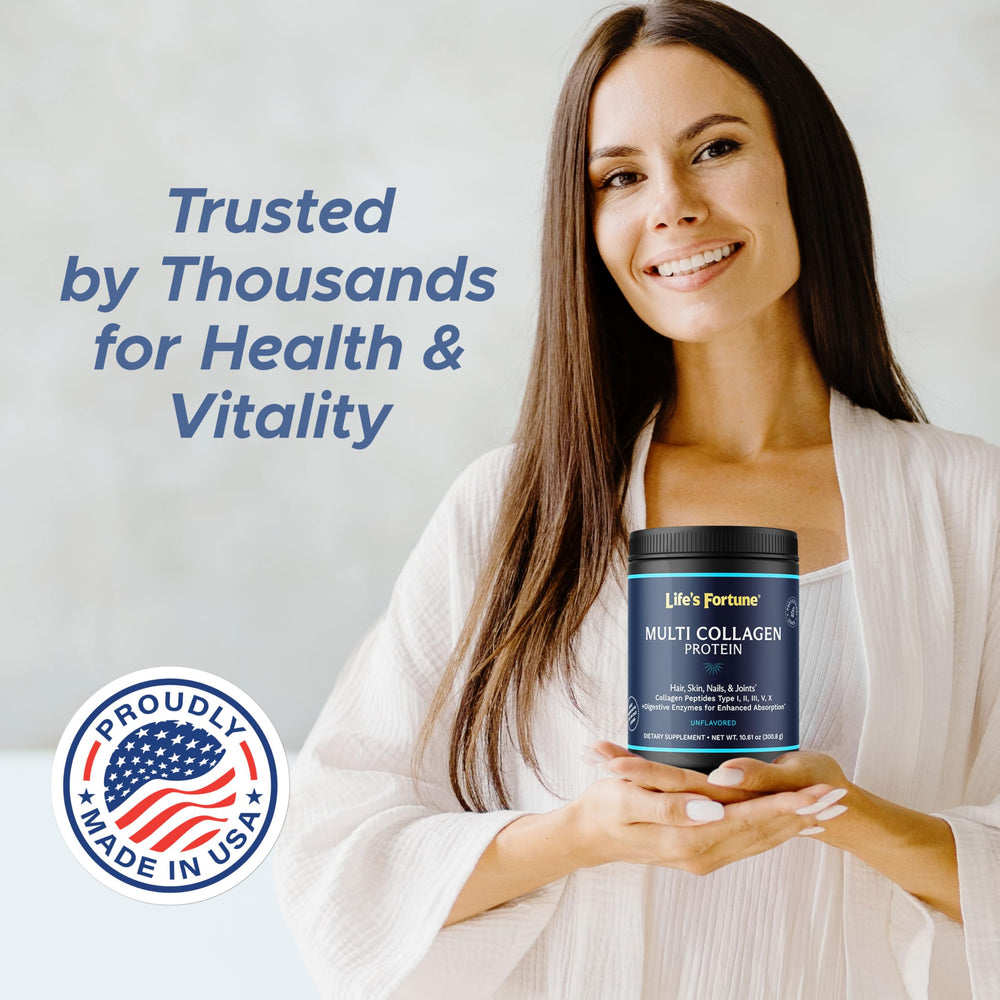 Life's Fortune multi-collagen powder packaging shows easy storage and accessibility.