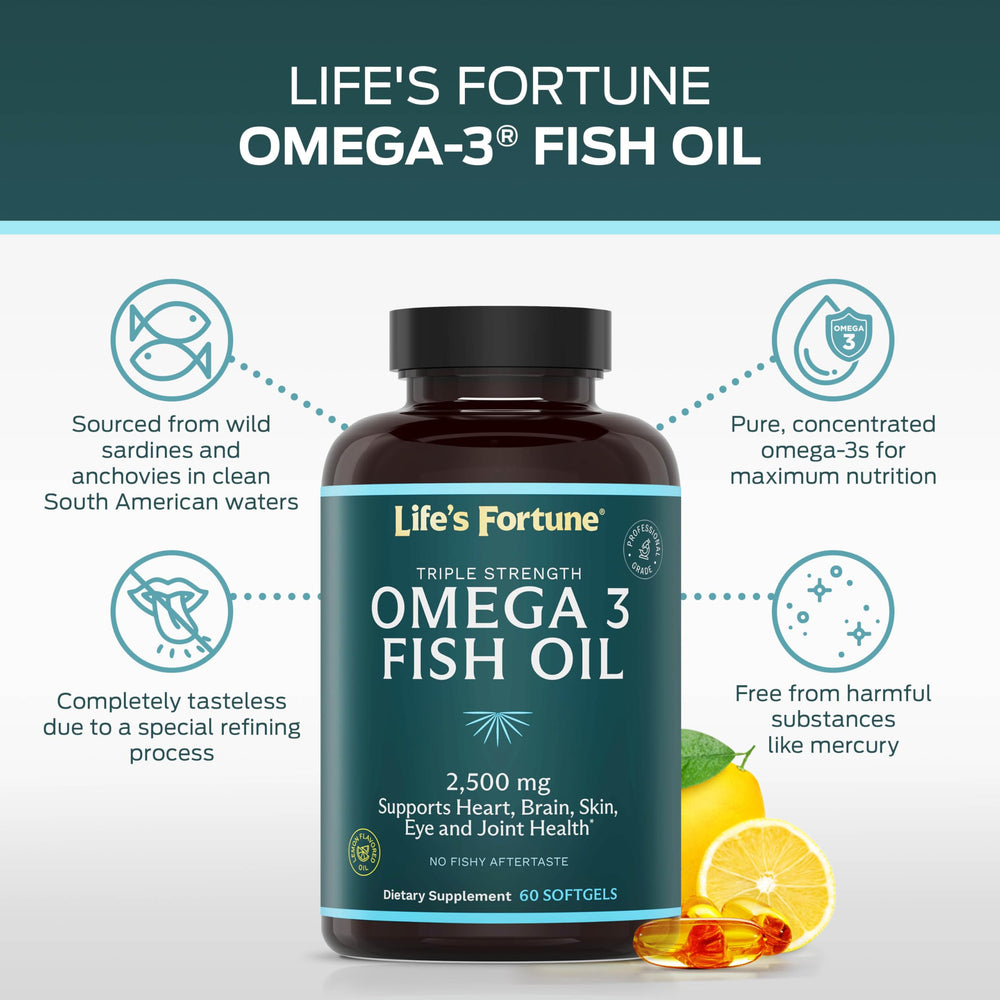 Life's Fortune Omega-3 concentrate label highlights 2500 mg per serving for heart and brain.
