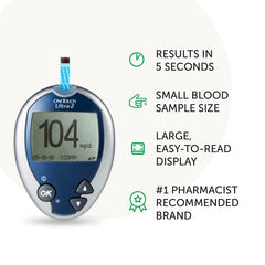 Lifescan OneTouch Ultra2 meter backlit display for easy readings in any light.