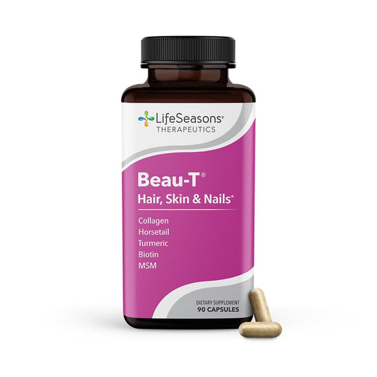 LifeSeasons Beau-T bottle with capsules supporting hair and nail health.
