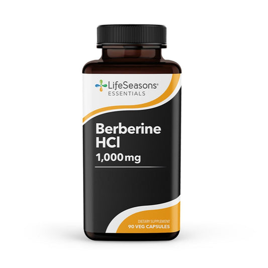 LifeSeasons Berberine bottle pour shows 1000 mg serving for digestion and heart support.