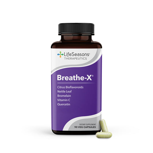 LifeSeasons Breathe-X bottle front showing packaging for allergy support
