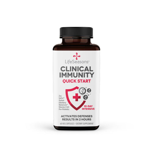 LifeSeasons Clinical Immunity bottle pour showing quick-start immune support potential