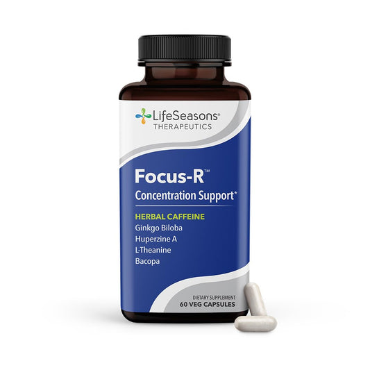 LifeSeasons Focus-R bottle on a desk promotes daily concentration