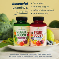 LifeSeasons Fruits & Veggies capsules poured for effortless daily nutrition