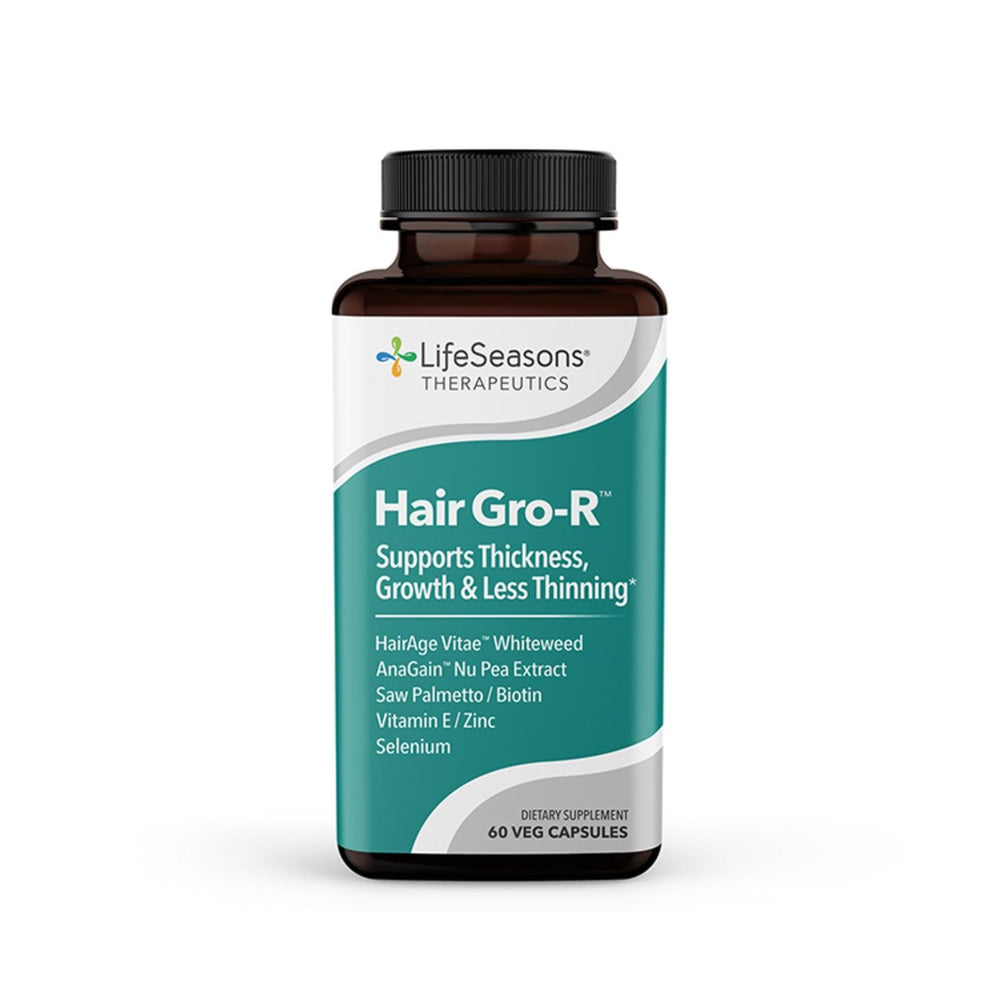 LifeSeasons Hair Gro-R bottle close-up showing capsules that support fuller, healthier hair