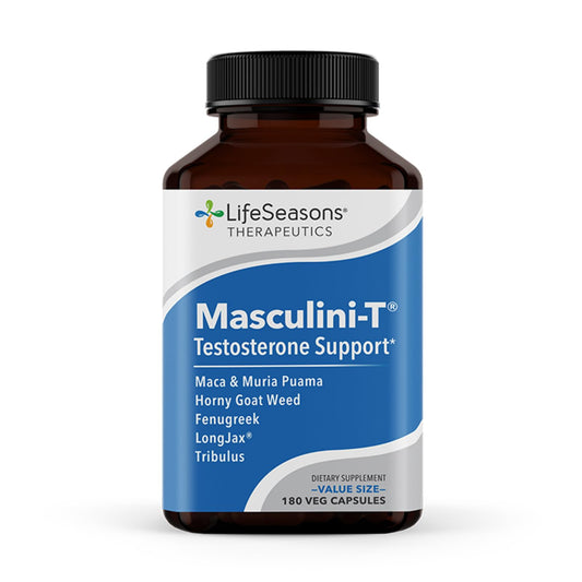 LifeSeasons Masculini-T bottle closeup emphasizes premium testosterone support.