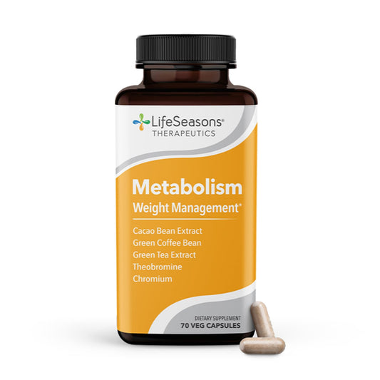 LifeSeasons Metabolism bottle on a kitchen counter showing daily dosing for easy use