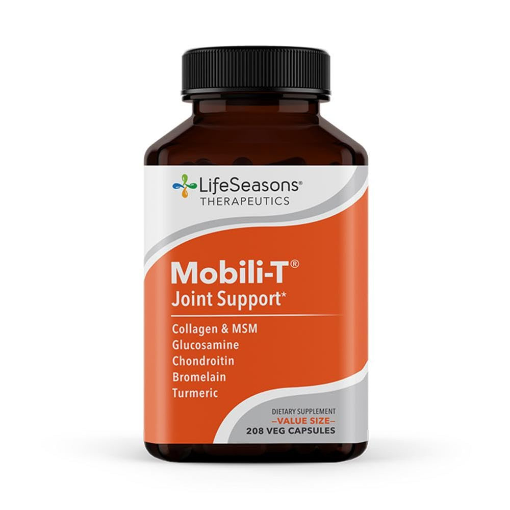 LifeSeasons Mobili-T bottle close-up showing capsules for joint support and mobility