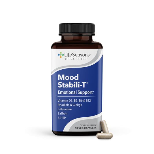 LifeSeasons Mood Uplift-R bottle front promotes calm, balanced mood.