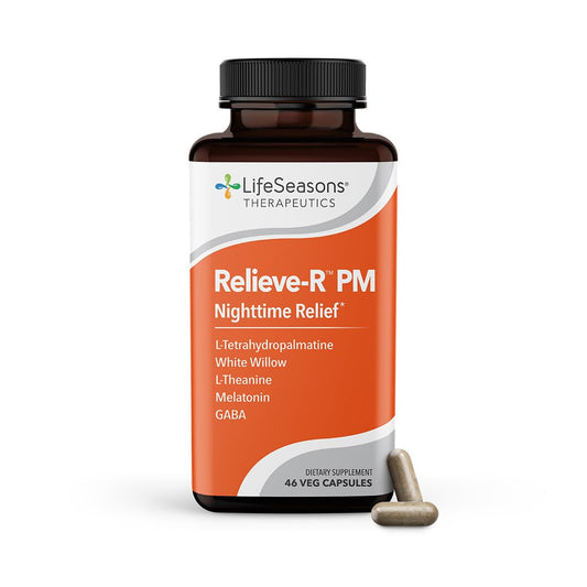 LifeSeasons Relieve-R PM bottle on nightstand promoting calm nights.