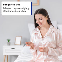 LifeSeasons Rest-ZZZ bottle with glass of water suggests an easy nightly routine.