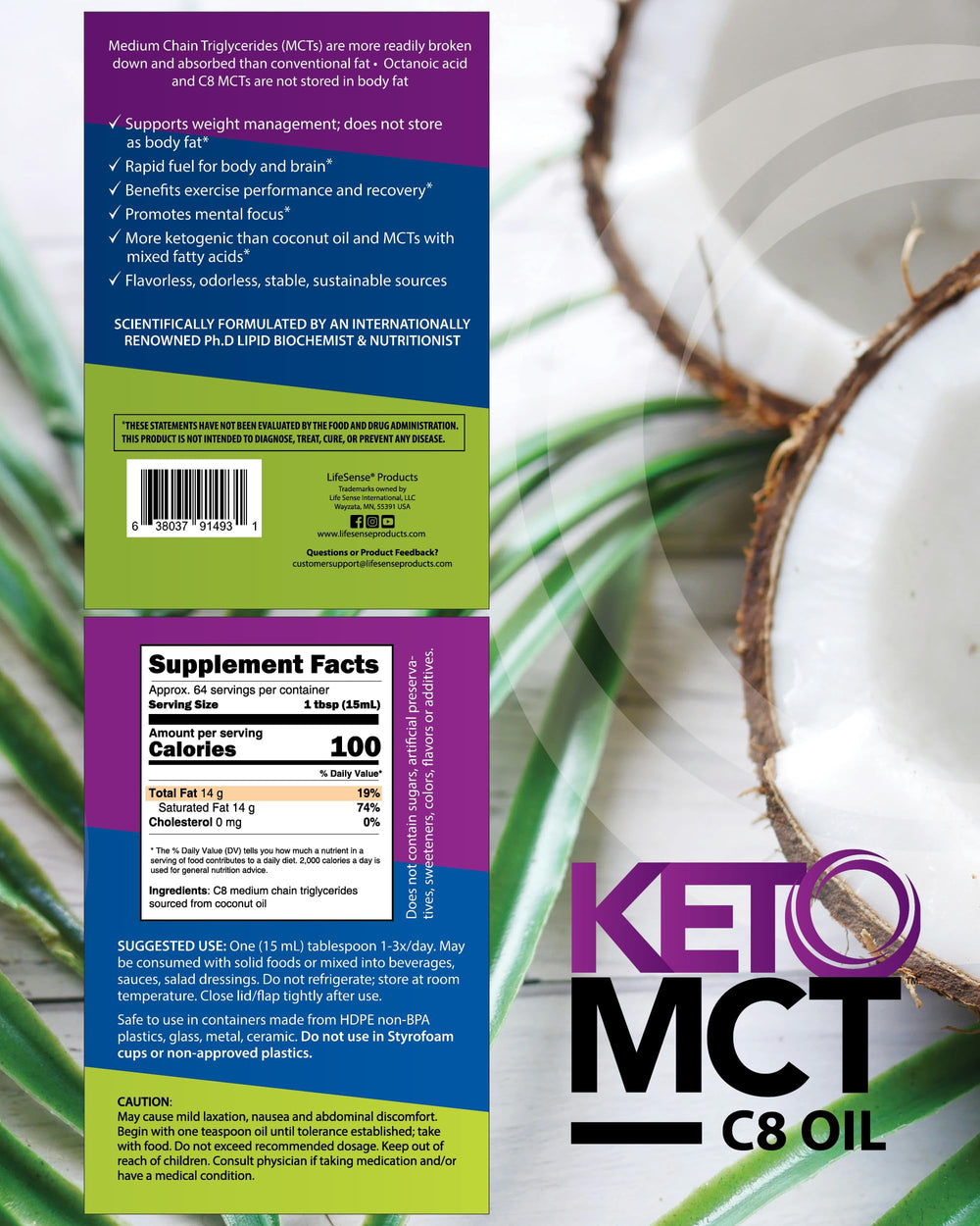 LifeSense C8 MCT Oil manufactured in the USA under expert guidelines.