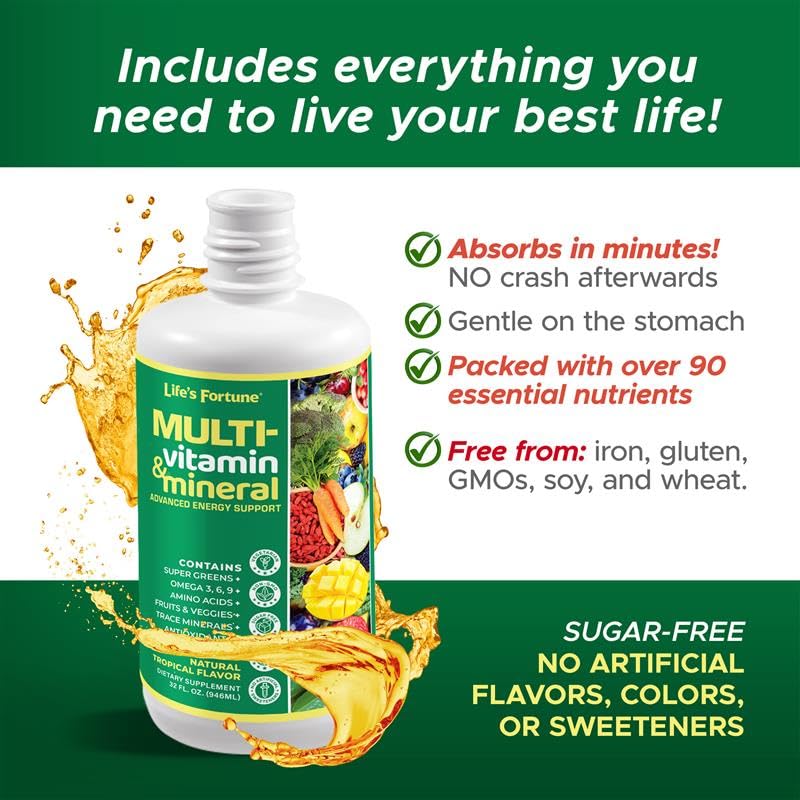 Life's Fortune liquid multivitamin drops in glass for rapid uptake