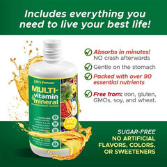 Life's Fortune liquid multivitamin drops in glass for rapid uptake