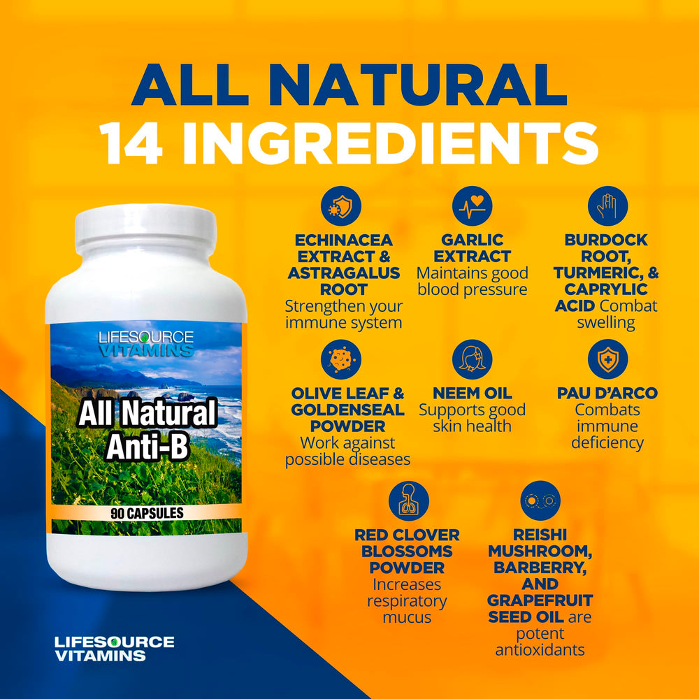 LifeSource Anti-B ingredients scene with 14 plant-based components.