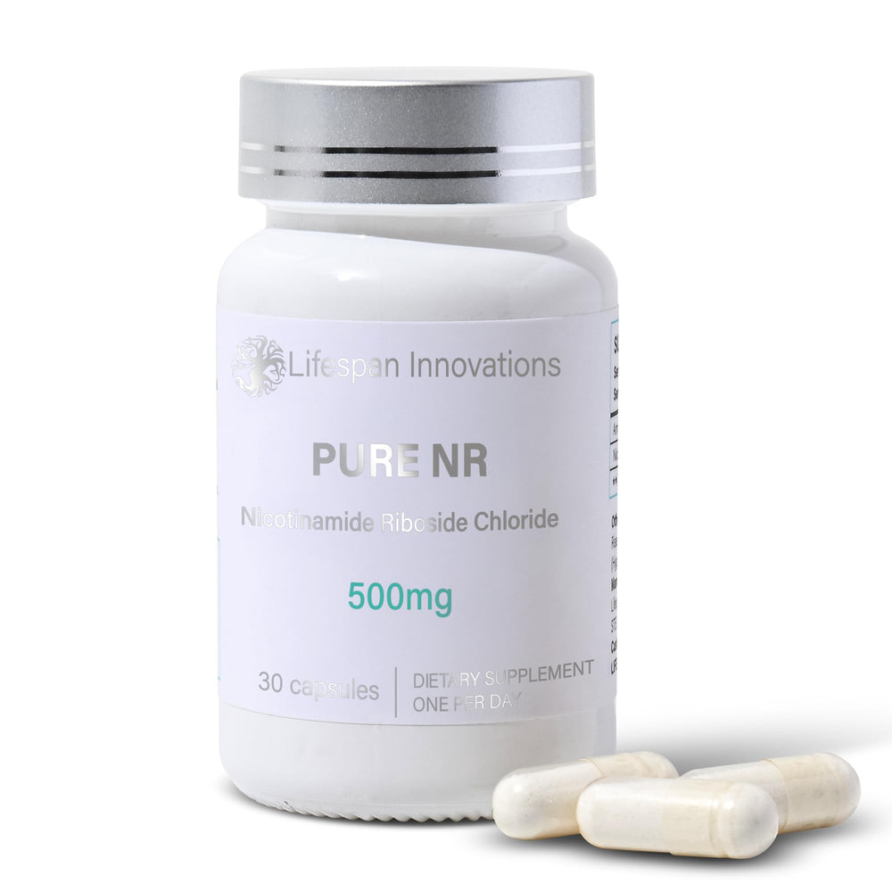 Lifespan Innovations Pure NR 500mg bottle front view in glass preserves purity for daily use