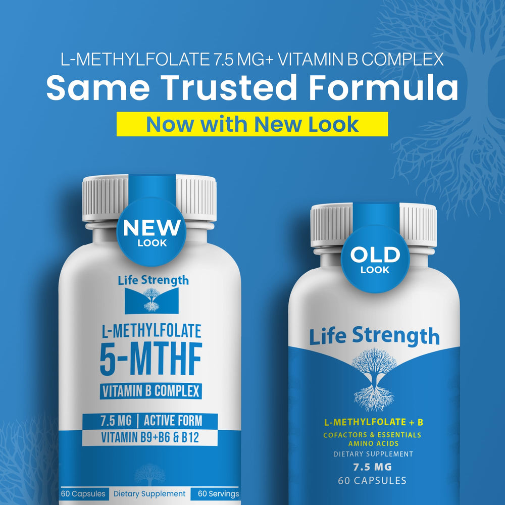 Closeup of LifeStrength 5-MTHF capsules, small and easy to swallow.