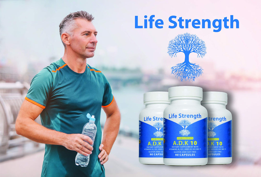 LifeStrength ADK 10 bottle back label highlights D3, K2 MK7 and allergen-free formula.