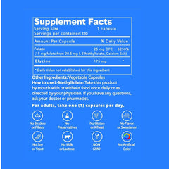LifeStrength L-Methylfolate label close-up showing non-GMO and gluten-free features.