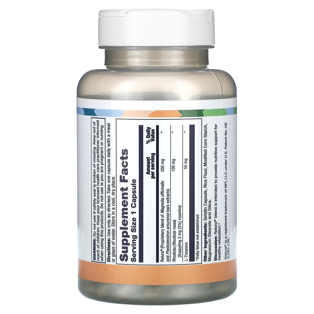Lifetime Calm & Calmer capsule close-up highlighting Relora and Rhodiola for stress support