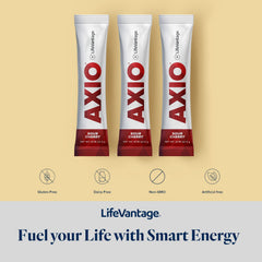 LifeVantage AXIO on-the-go packaging shown with gym bag for active routines.