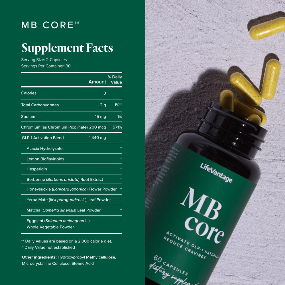 LifeVantage MindBody GLP-1 System ingredients close-up showing nutrigenomics approach.