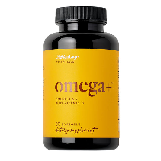 LifeVantage Omega+ bottle showing 3-in-1 blend for brain and cardiovascular wellness.
