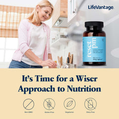 LifeVantage Reset PM night-time routine setup with tablets and calm atmosphere