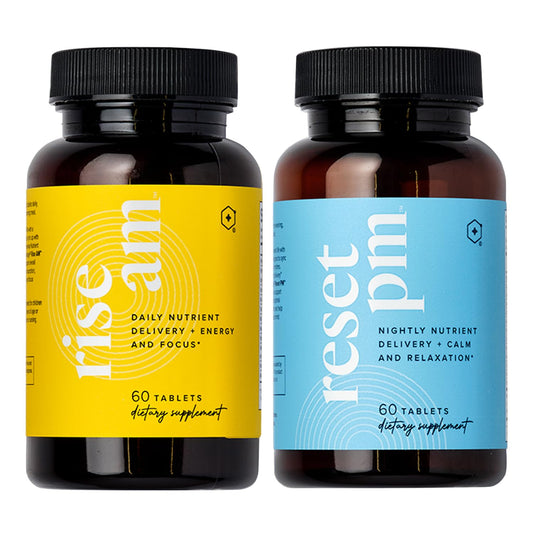 LifeVantage Rise AM bottle label with tablets for morning energy support.