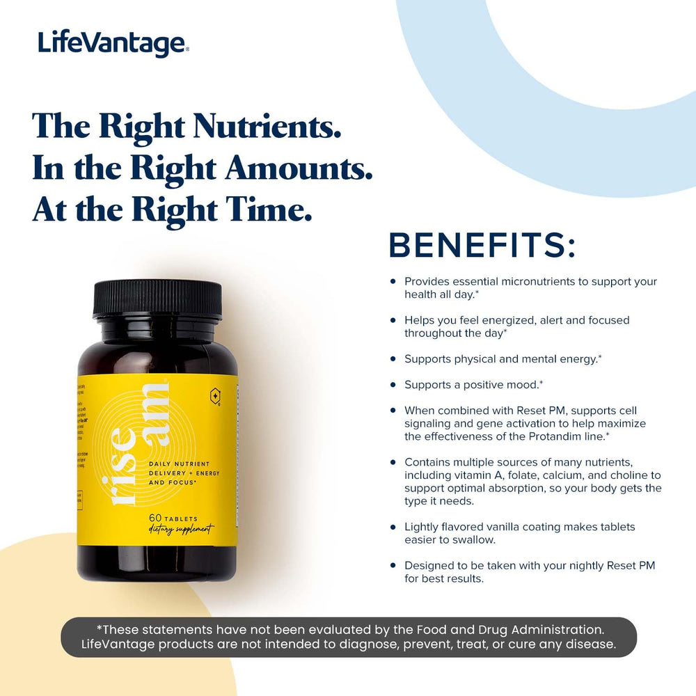 LifeVantage Rise AM provides essential daily nutrients for overall wellness.
