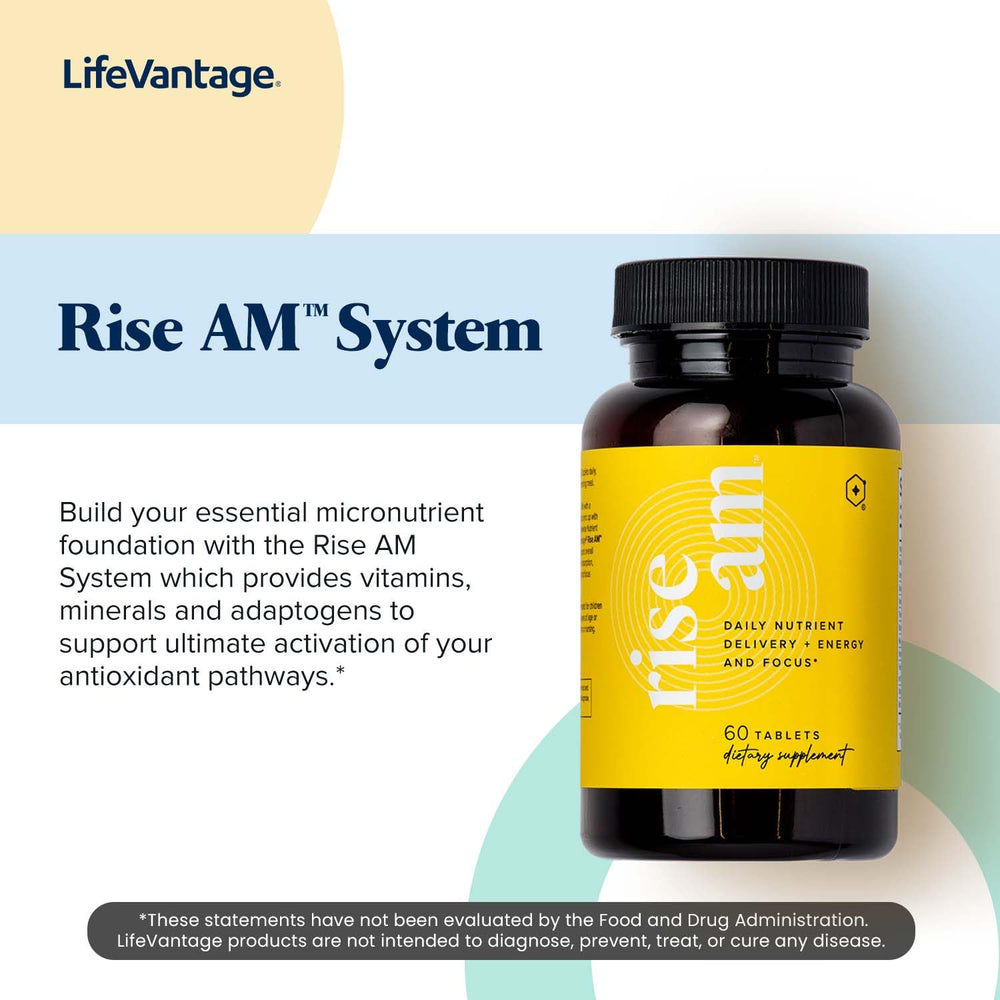 LifeVantage Rise AM enhances morning energy and focus for daily activities.