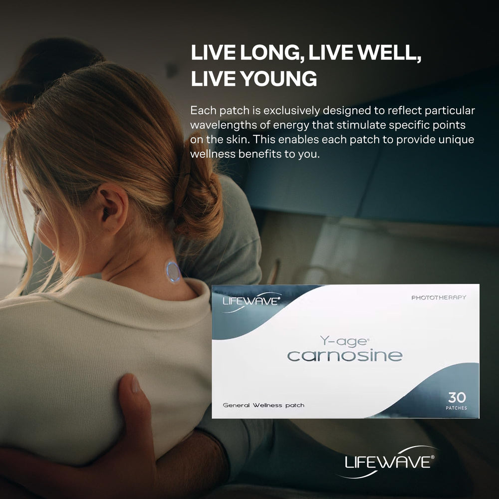 LifeWave Y-Age Carnosine patches show patent-light design reflecting infrared energy.