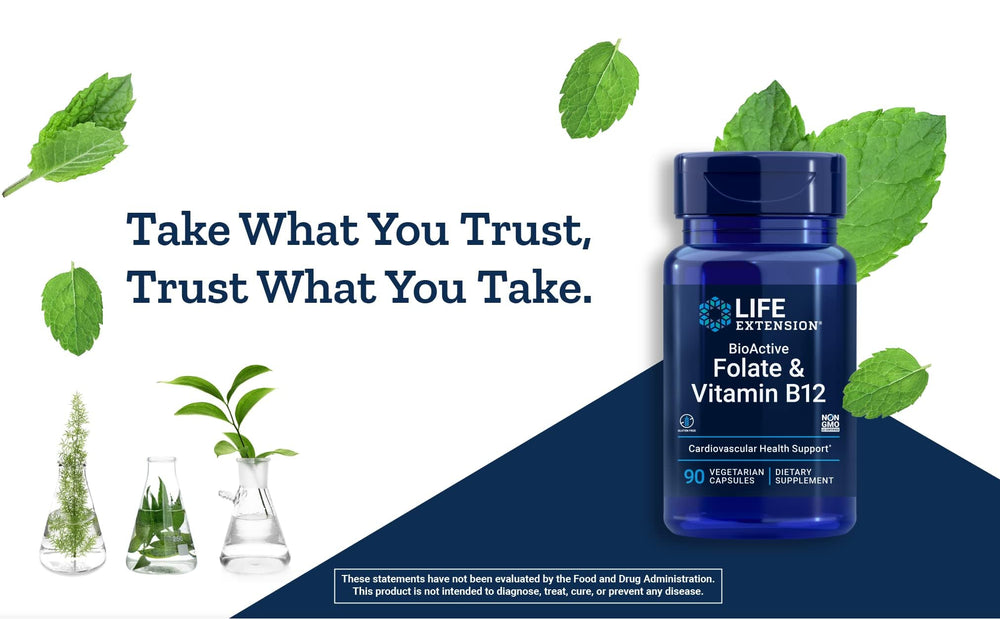 Nutrition facts panel on Life Extension BioActive Folate & B12 packaging