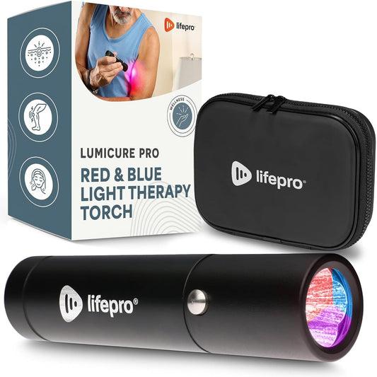LifePro blue and red light torch front view for targeted muscle relief on the go.