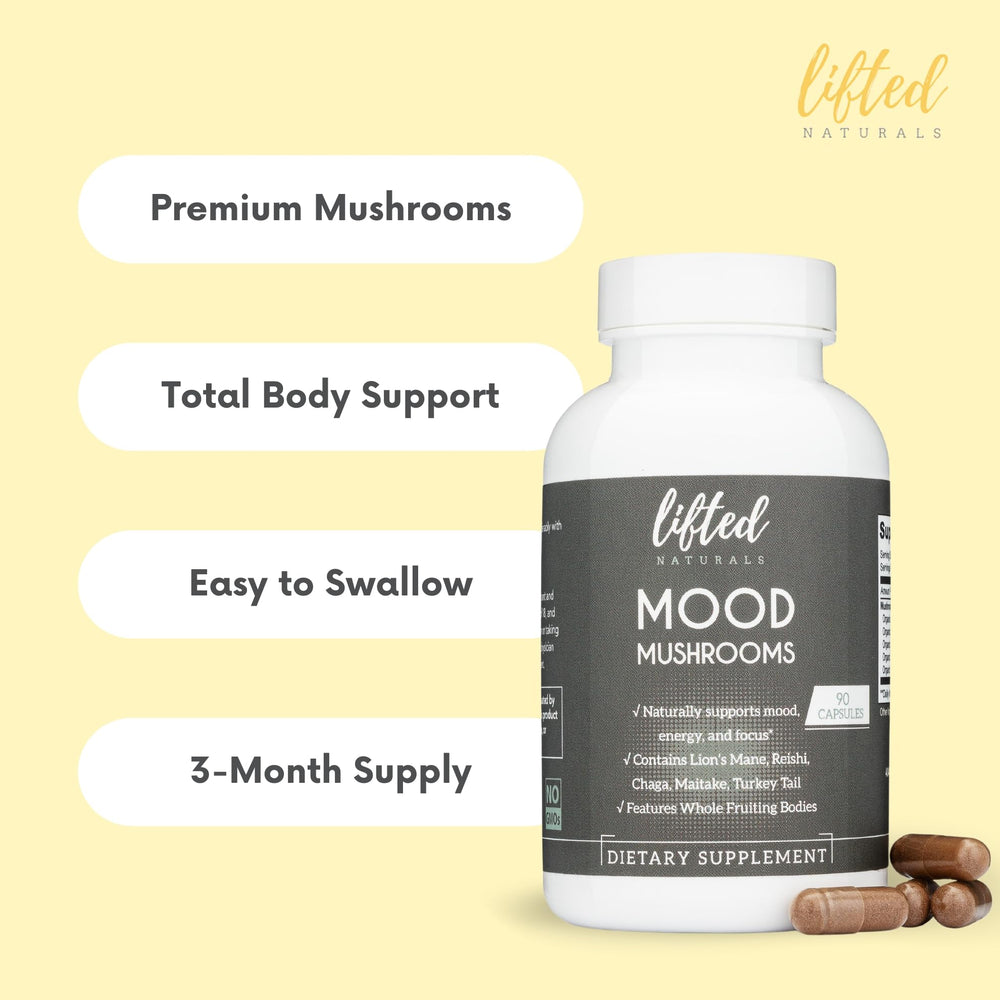 Lifted Naturals Mood Mushrooms bottle top with child-resistant cap for secure daily use.
