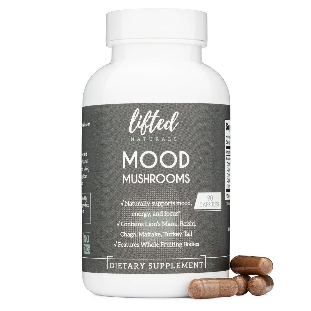Lifted Naturals Mood Mushrooms bottle shows a clean, plant-based wellness supplement for daily mood support.