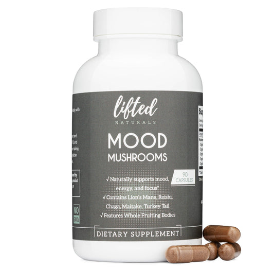 Lifted Naturals Mood Mushrooms bottle shows a clean, plant-based wellness supplement for daily mood support.