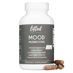 Lifted Naturals Mood Mushrooms bottle shows a clean, plant-based wellness supplement for daily mood support.