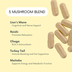 Close-up of Lifted Naturals Mood Mushrooms label highlighting the five-mushroom blend for balanced daily wellness.
