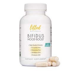 Lifted Naturals Probiotics bottle front showing 60 capsules for mood and digestion.